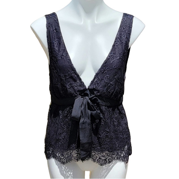 Free People black Chante lace romantic deep V camisole tank with bow size M - Picture 2 of 11